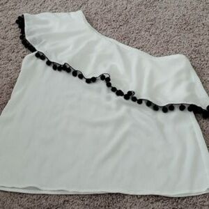 Design365 White One-Shoulder Top with Black Pom-Pom Trim Size Small